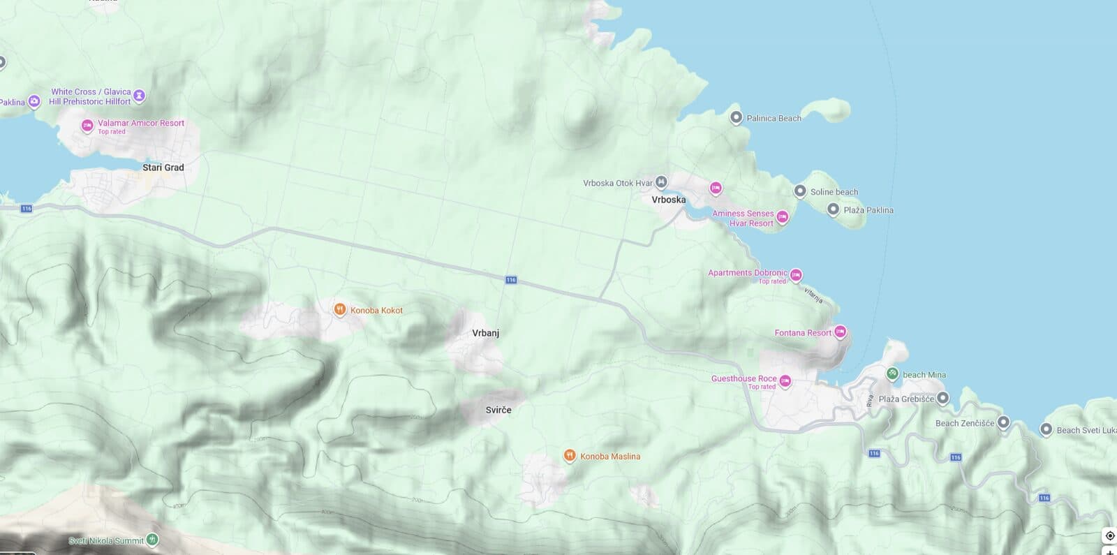 Map of central Hvar showing Stari Grad, the D116 road, Vrboska, the Vitarnja coast to Jelsa, and the villages of Vrbanj and Svirče