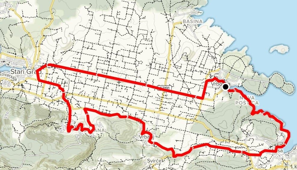 Map of Hvar cycling route 704: a red loop linking Stari Grad, the Stari Grad Plain, Vrboska, Jelsa, Vrbanj and Dol