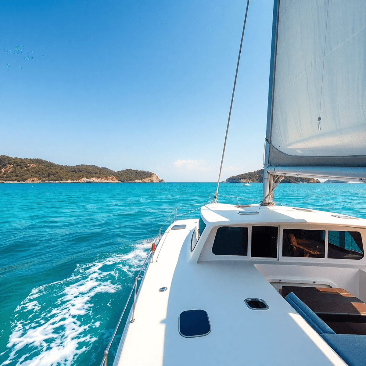 A catamaran glides through turquoise waters, with lush islands and a stunning coastline in the background, evoking adventure and relaxation in Croa...