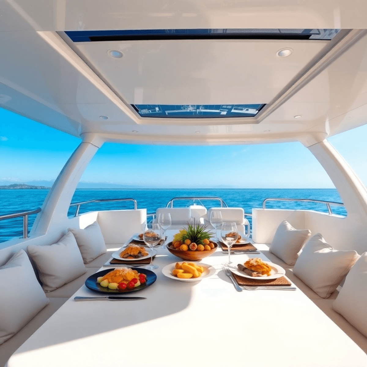 A luxurious yacht on calm waters with a beautifully set dining table adorned with gourmet meals, framed by stunning ocean views and a clear blue sky.