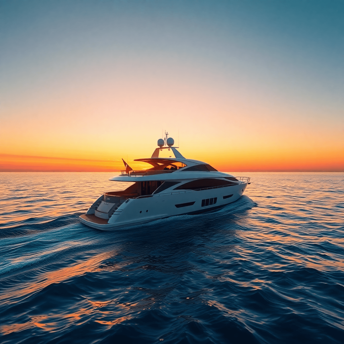 A luxurious yacht sails on the open sea at sunset, with vibrant colors reflecting on the water, gentle waves, and a clear sky, evoking a sense of a...