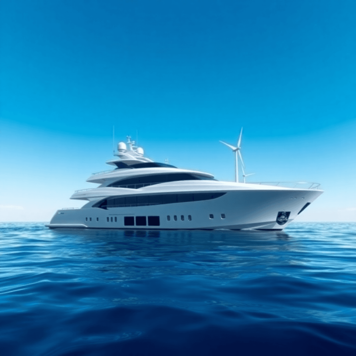 A modern yacht with solar panels and wind turbines sails on clear blue waters, surrounded by dolphins and sea turtles, symbolizing eco-friendly tra...