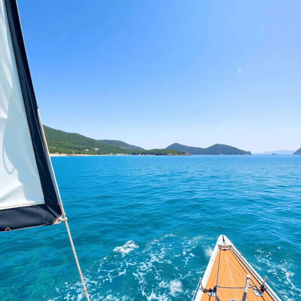 A sailboat glides through clear waters, with lush green islands and a stunning coastline in the background under a bright, sunny sky in Croatia.