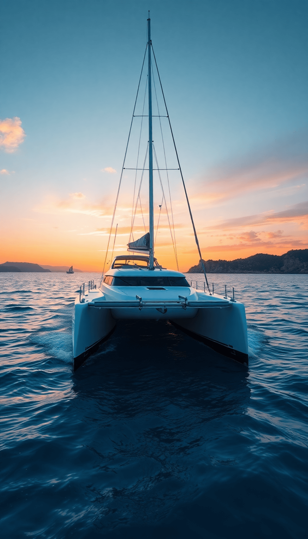 A sleek catamaran glides over the clear Adriatic waters, surrounded by beautiful Croatian islands under a vibrant sunset, embodying adventure and r...