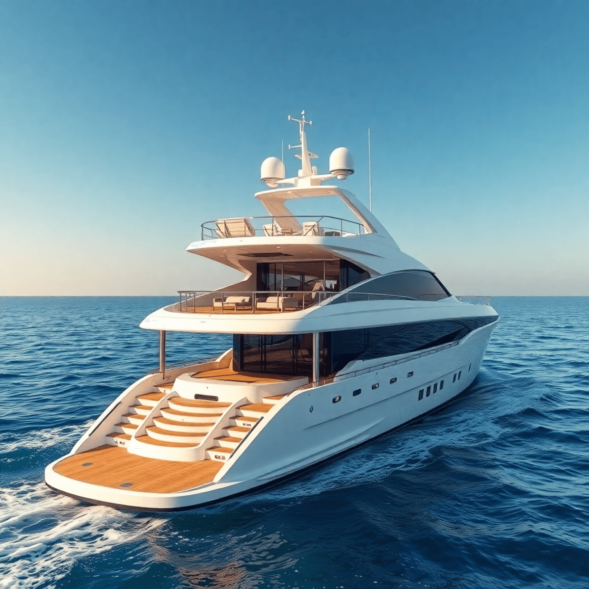 A sleek, modern yacht with smart technology sails on clear waters under a bright blue sky, embodying innovation and adventure in yachting.