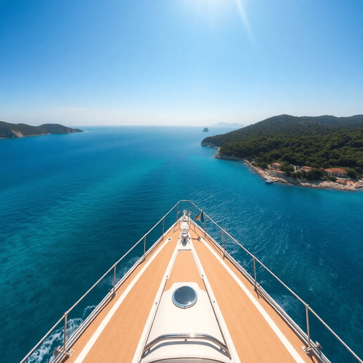 A yacht glides through the vibrant blue waters of the Adriatic Sea, surrounded by lush green islands and a clear sunny sky, evoking adventure and f...