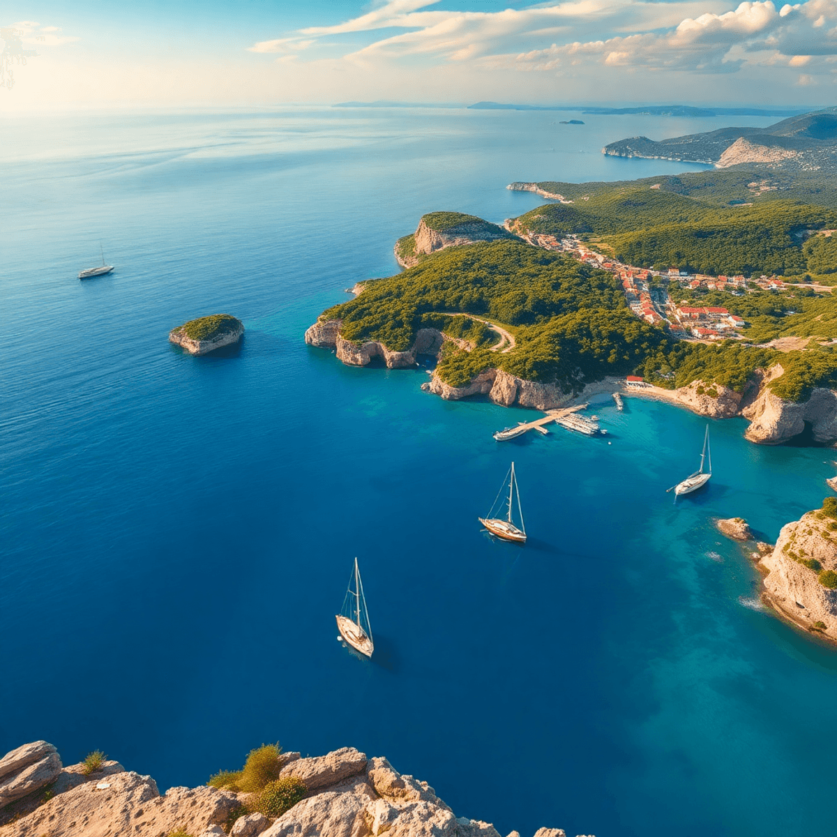 Aerial view of Croatia's coastline with crystal-clear blue waters, lush green islands, rugged cliffs, sailboats, and a vibrant sunset illuminating ...