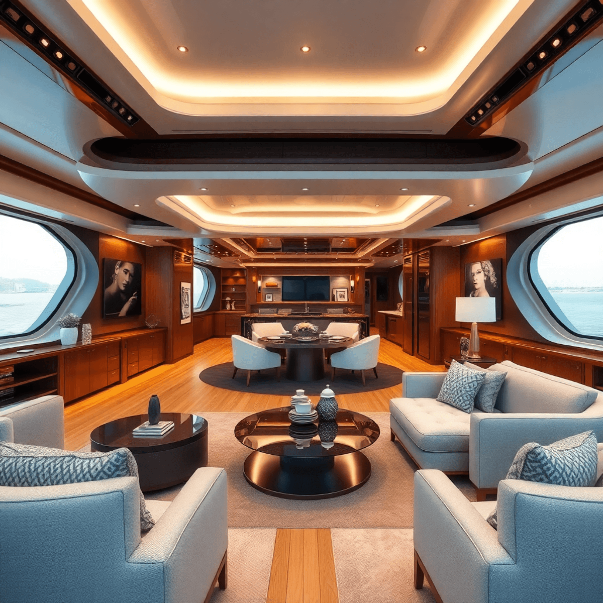 Luxurious yacht interior with elegant, adaptable furniture, warm colors, inviting lighting, and a harmonious blend of comfort and sophistication.